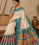 teal printed pasmina print with dori silk saree