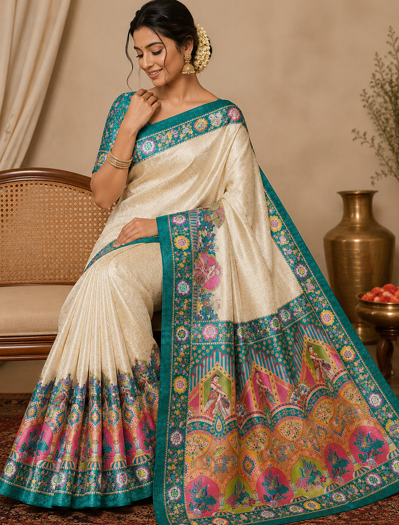 teal printed pasmina print with dori silk saree