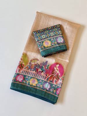 teal printed pasmina print with dori silk saree 2