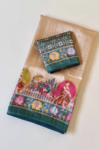 teal printed pasmina print with dori silk saree