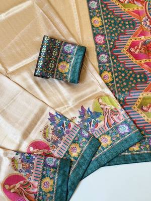 teal printed pasmina print with dori silk saree 3