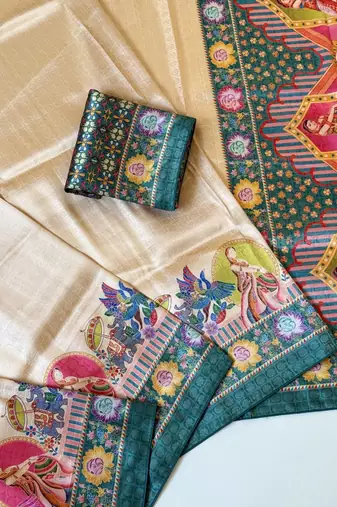 teal printed pasmina print with dori silk saree