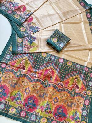 teal printed pasmina print with dori silk saree 4