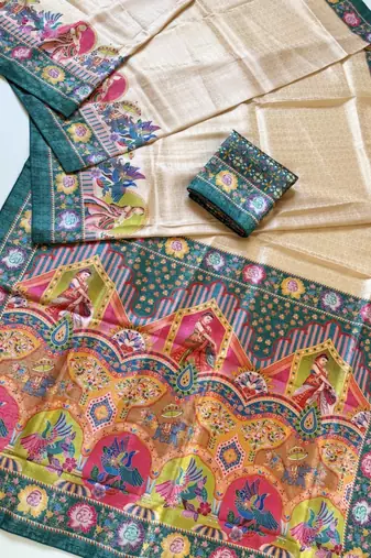 teal printed pasmina print with dori silk saree