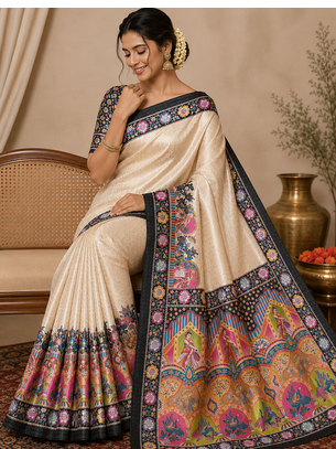 black printed pasmina print with dori silk saree 1