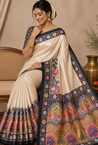 black printed pasmina print with dori silk saree