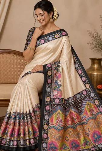 black printed pasmina print with dori silk saree