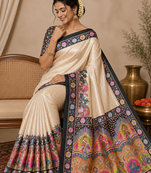 black printed pasmina print with dori silk saree