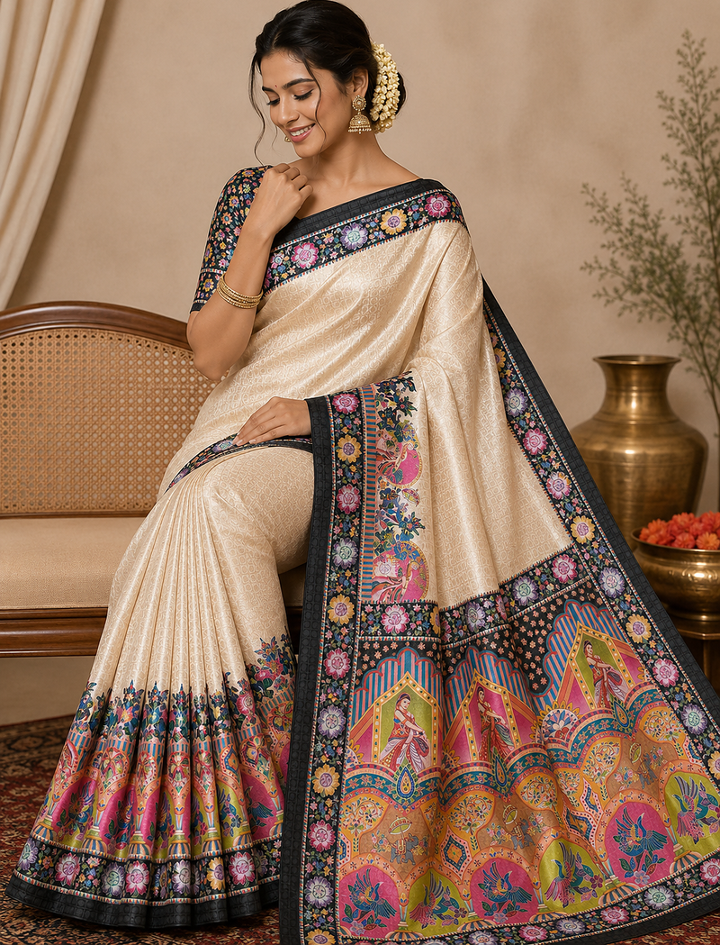 black printed pasmina print with dori silk saree