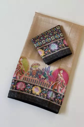 black printed pasmina print with dori silk saree