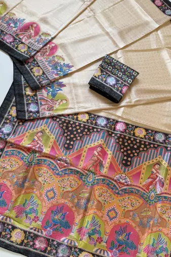 black printed pasmina print with dori silk saree