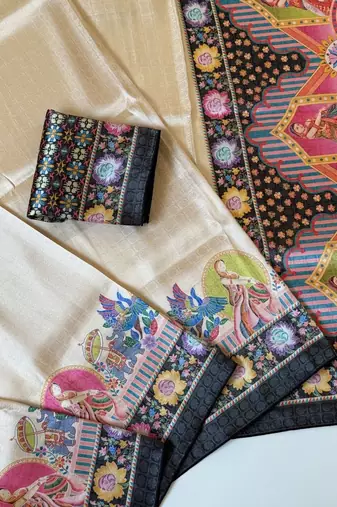black printed pasmina print with dori silk saree