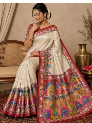 red printed pasmina print with dori silk saree 1