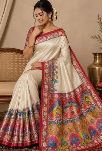 red printed pasmina print with dori silk saree