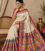 red printed pasmina print with dori silk saree