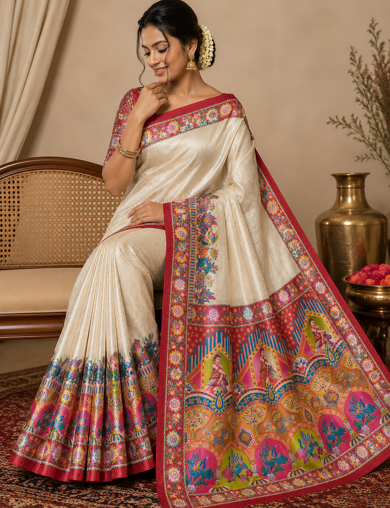 red printed pasmina print with dori silk saree