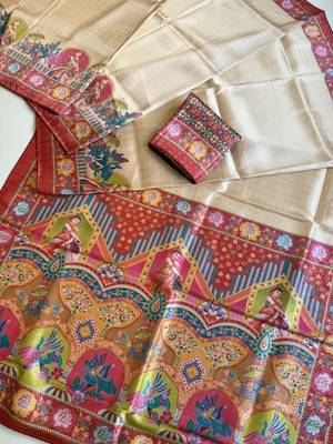 red printed pasmina print with dori silk saree 2