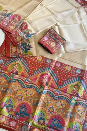 red printed pasmina print with dori silk saree