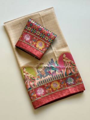 red printed pasmina print with dori silk saree 3