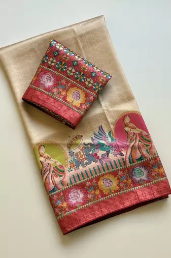 red printed pasmina print with dori silk saree