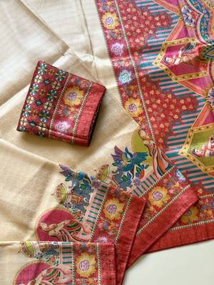 red printed pasmina print with dori silk saree 4