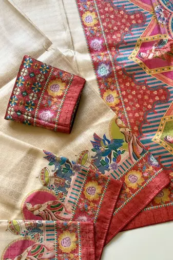 red printed pasmina print with dori silk saree