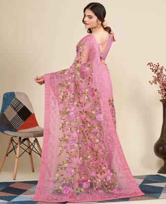 Women Pink Floral Embroidered Designer Saree 2