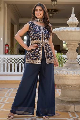 Women navy blue embroidered star georgette kurta palazzo set with dupatta