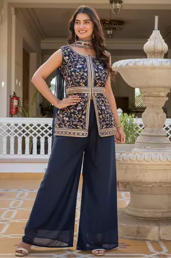 Women navy blue embroidered star georgette kurta palazzo set with dupatta