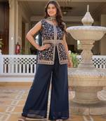 Women navy blue embroidered star georgette kurta palazzo set with dupatta