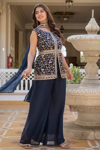 Women navy blue embroidered star georgette kurta palazzo set with dupatta