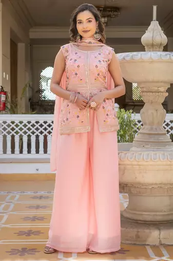 Women peach embroidered star georgette kurta palazzo set with dupatta