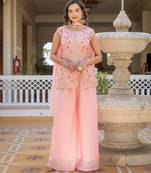 Women peach embroidered star georgette kurta palazzo set with dupatta