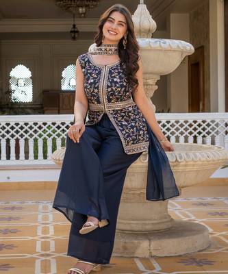 Women navy blue embroidered star georgette kurta palazzo set with dupatta 3