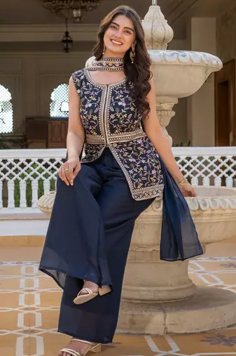 Women navy blue embroidered star georgette kurta palazzo set with dupatta