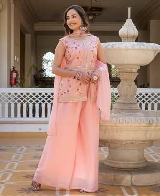 Women peach embroidered star georgette kurta palazzo set with dupatta 2