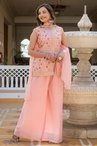 Women peach embroidered star georgette kurta palazzo set with dupatta