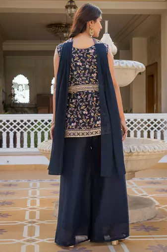Women navy blue embroidered star georgette kurta palazzo set with dupatta