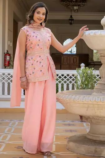 Women peach embroidered star georgette kurta palazzo set with dupatta