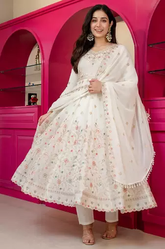 Off white anarkali sharara suit for women with dupatta sequins zari embroidery ethnic wedding wear