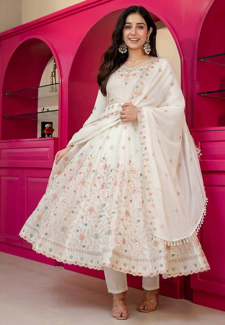 Off white anarkali sharara suit for women with dupatta sequins zari embroidery ethnic wedding wear