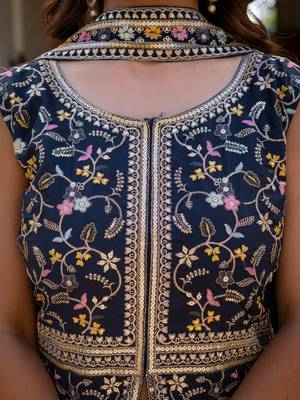 Women navy blue embroidered star georgette kurta palazzo set with dupatta 5