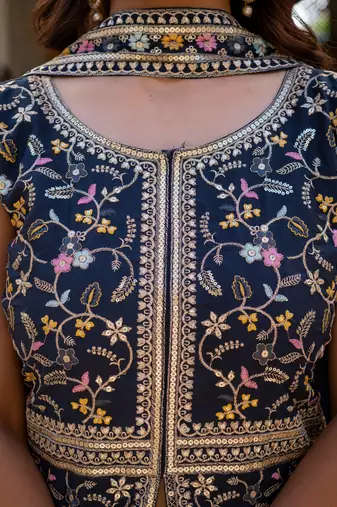 Women navy blue embroidered star georgette kurta palazzo set with dupatta