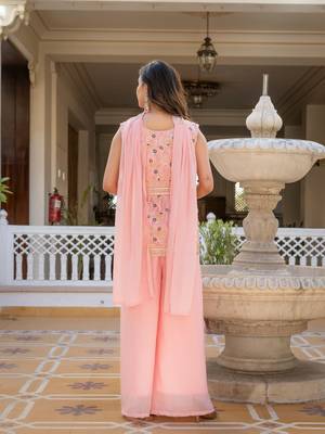 Women peach embroidered star georgette kurta palazzo set with dupatta 4