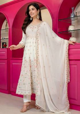Off white anarkali sharara suit for women with dupatta sequins zari embroidery ethnic wedding wear 2