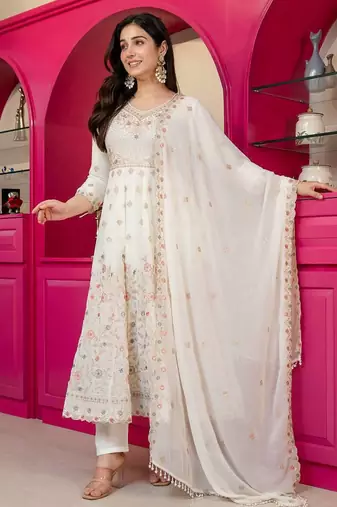 Off white anarkali sharara suit for women with dupatta sequins zari embroidery ethnic wedding wear