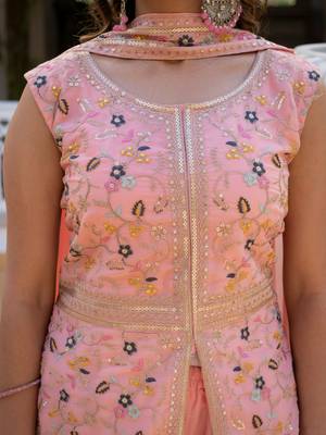 Women peach embroidered star georgette kurta palazzo set with dupatta 5