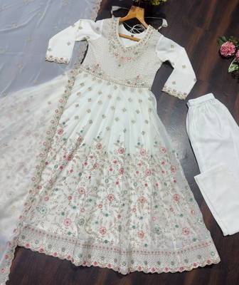 Off white anarkali sharara suit for women with dupatta sequins zari embroidery ethnic wedding wear 5