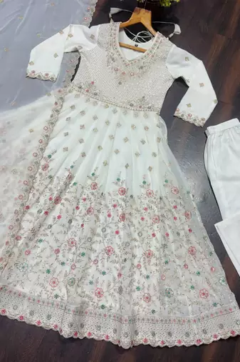 Off white anarkali sharara suit for women with dupatta sequins zari embroidery ethnic wedding wear