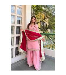 Women baby pink festive wear sharara suit with dupatta heavy zari sequins embroidery